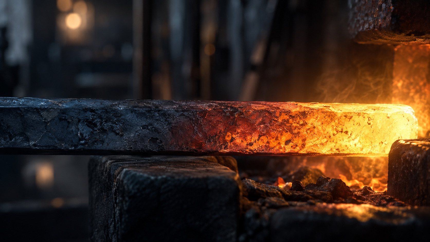 Barra de ferro passando do metal escuro à incandescência dourada dentro de uma forja