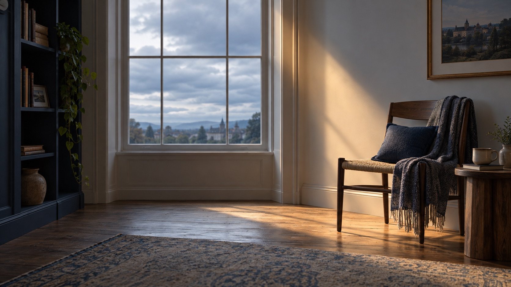 Gentle golden light entering through a window on a cloudy day