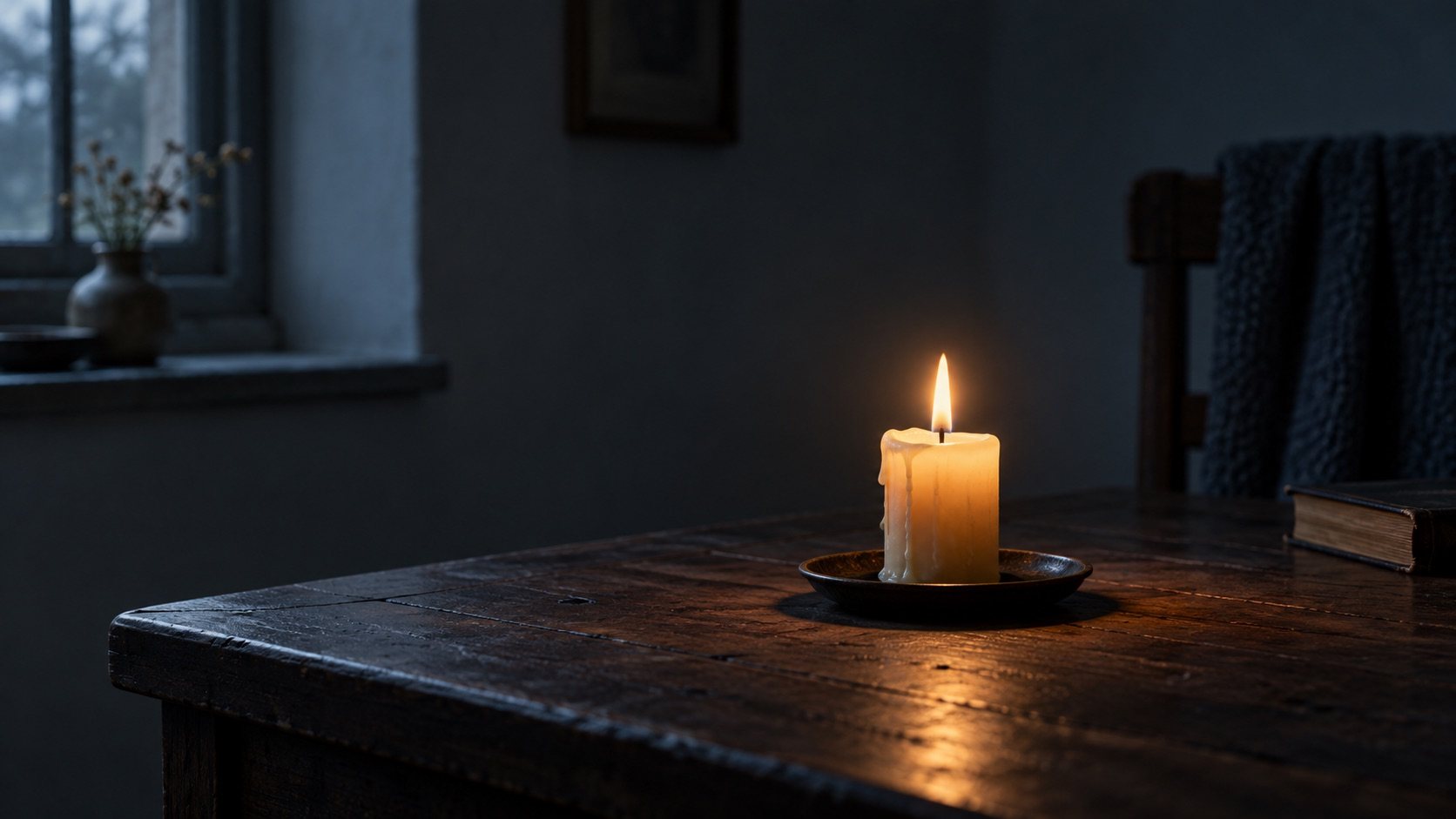 A candle burning steadily in a dim blue room