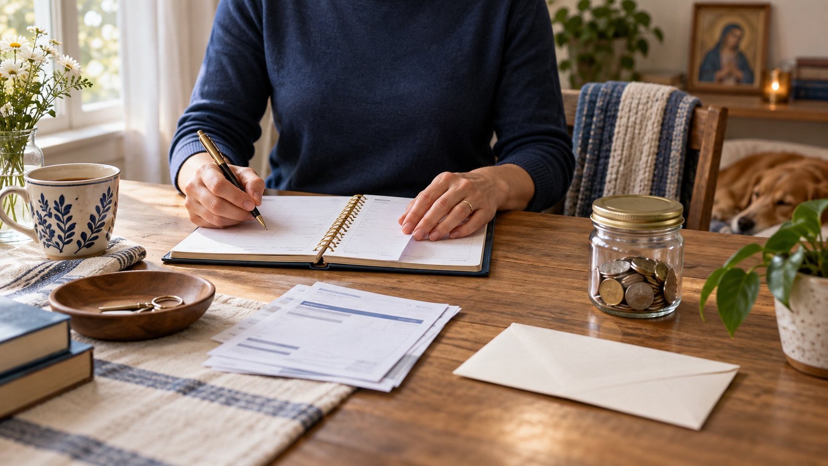 Hands calmly organizing a planner, household bills, and savings