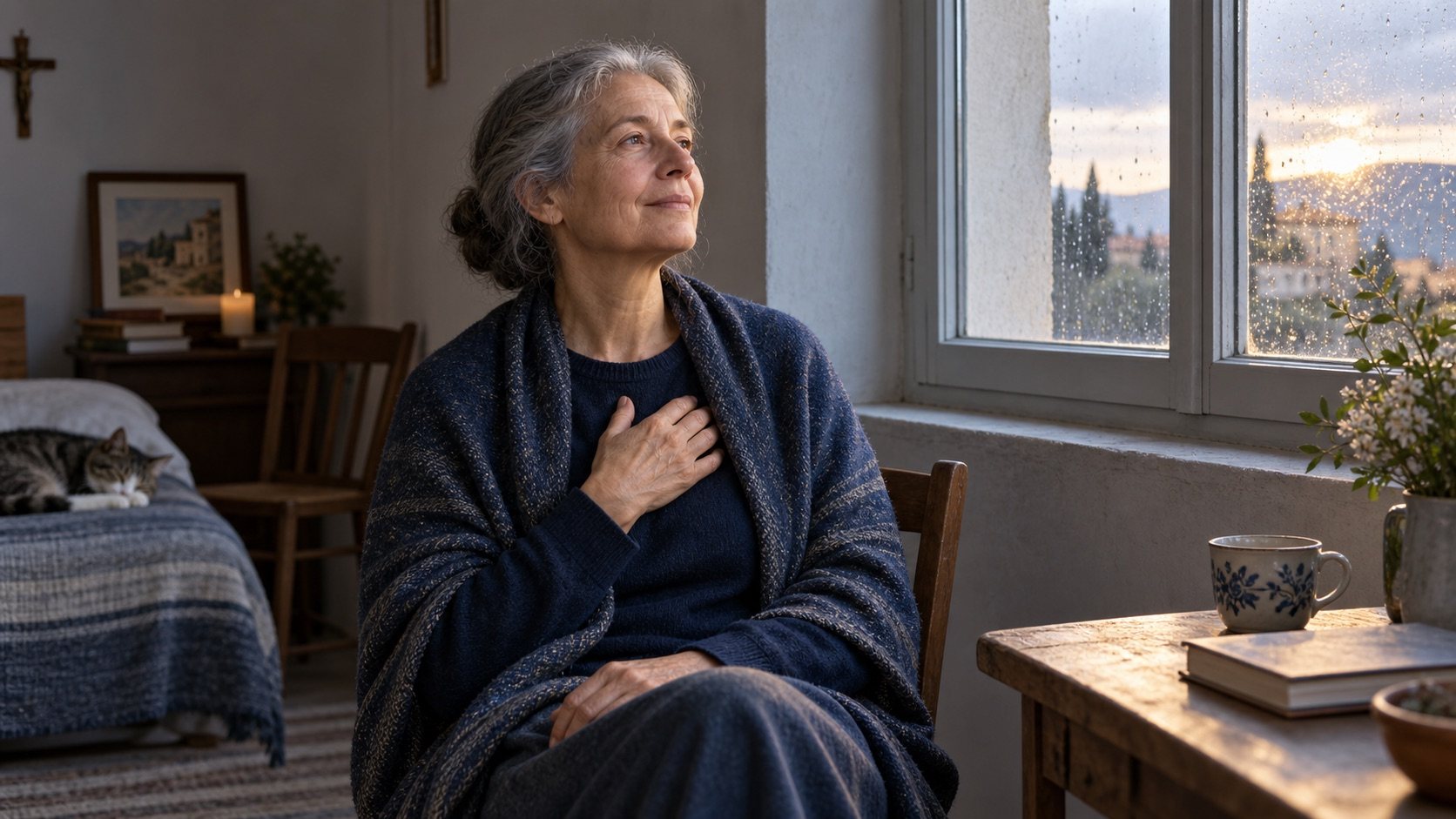 A serene woman beside a window after the rain, with her hand over her heart