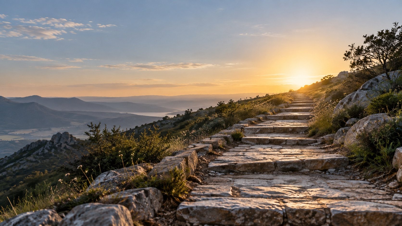 Caminho de pedra subindo em direção à luz dourada do amanhecer