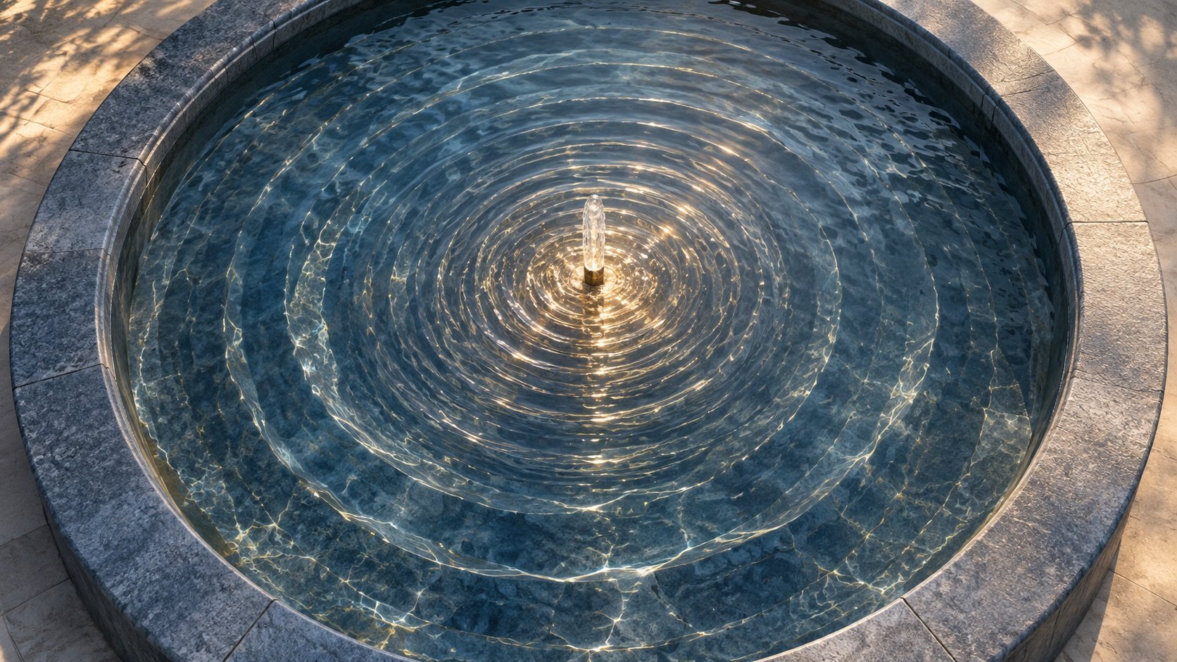 Fonte circular com ondas concêntricas irradiando de um centro iluminado