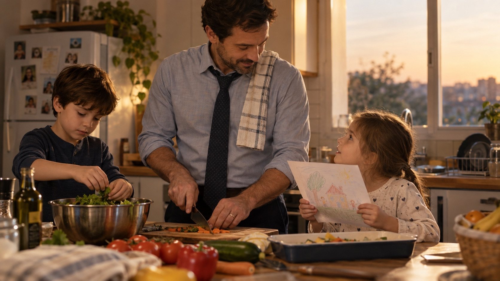 Pai preparando uma refeição com os filhos depois do trabalho