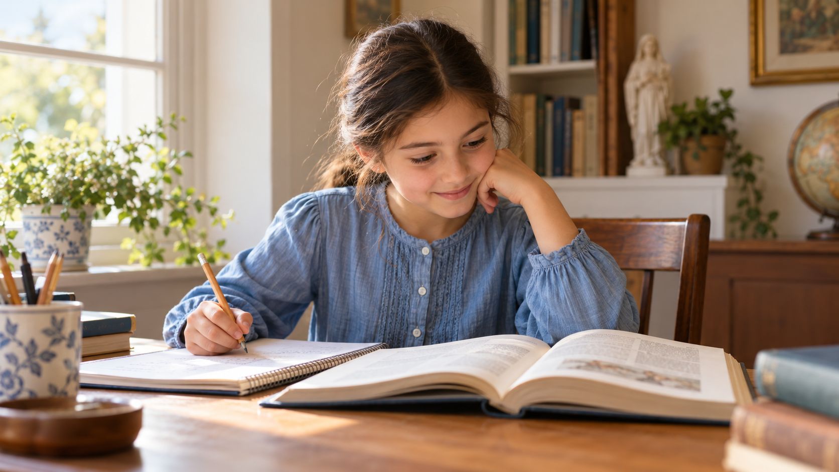 Menina sorrindo enquanto estuda, com o lápis no caderno e um livro aberto sobre a mesa