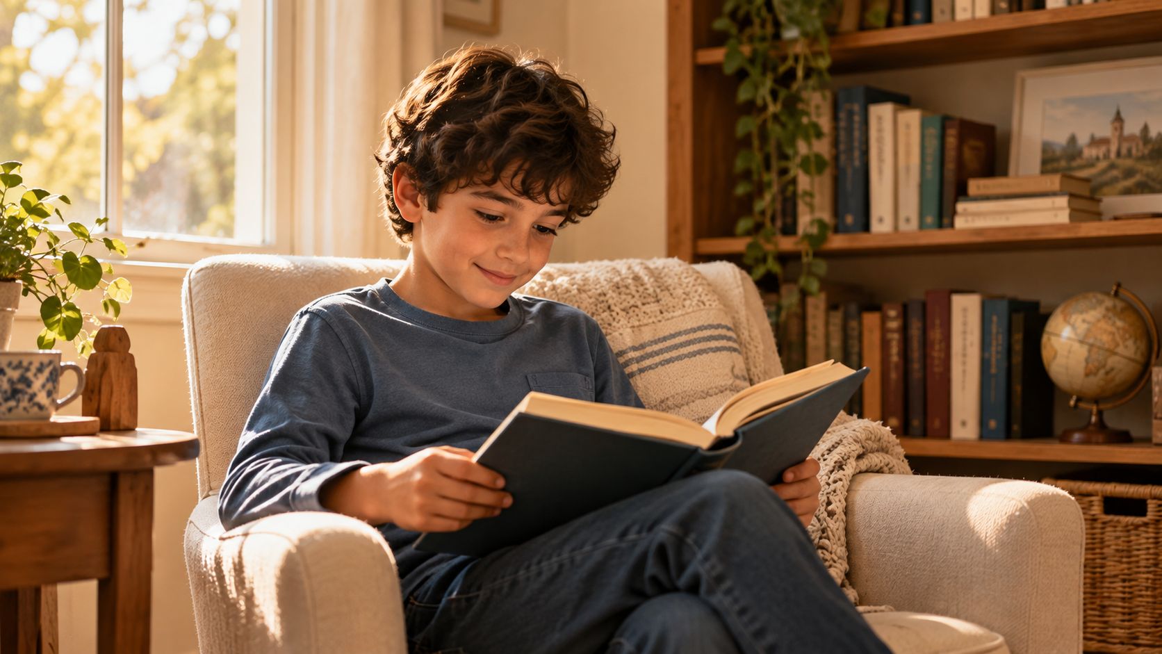 Menino lendo um livro, absorto e feliz, numa poltrona junto à estante