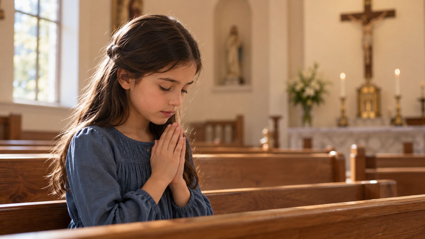 Menina rezando de mãos juntas no banco de uma capela, diante do altar